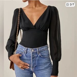 Reformation Michel Black Fitted Bodice Smocked Cuff Sheer Puff Sleeve Crop Top,4
